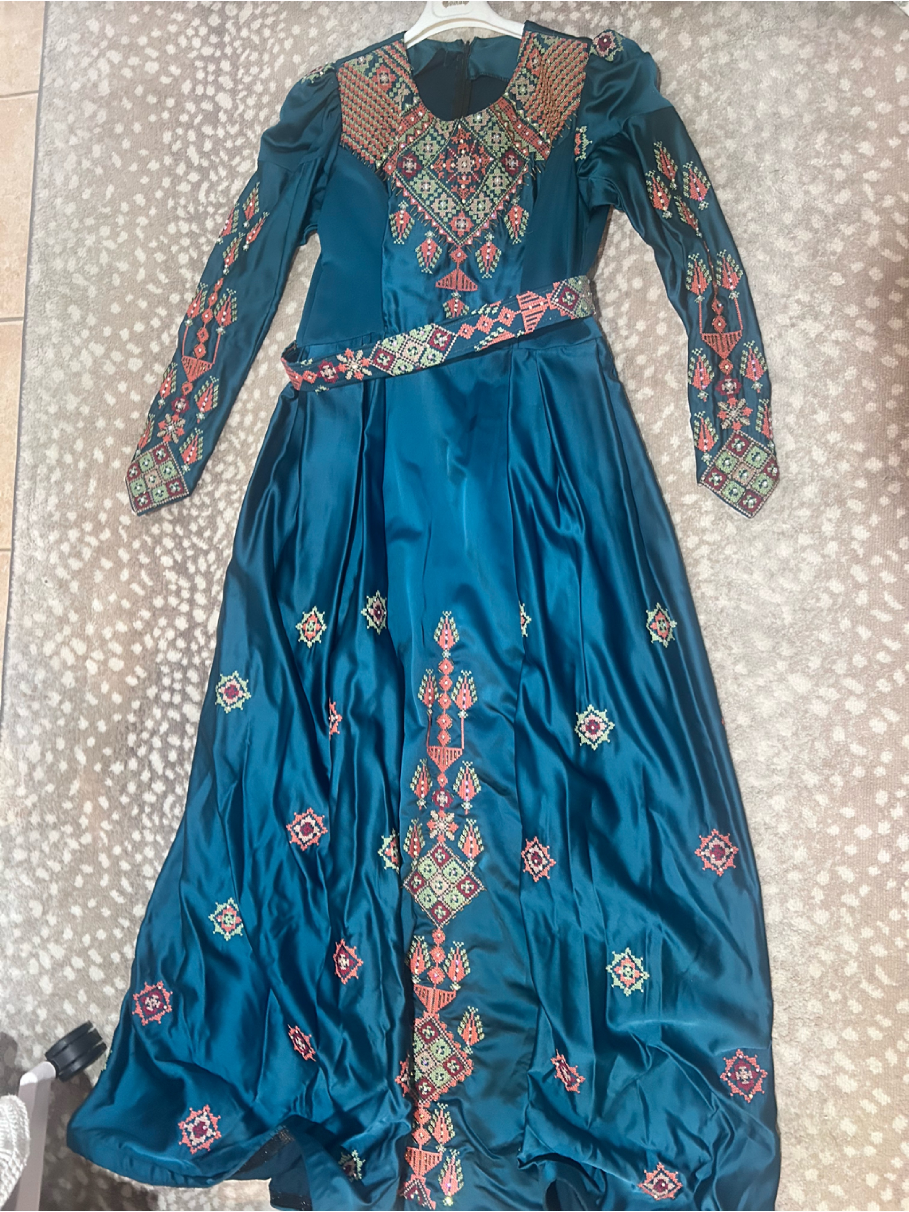 Teal Embroidered Satin Long Dress